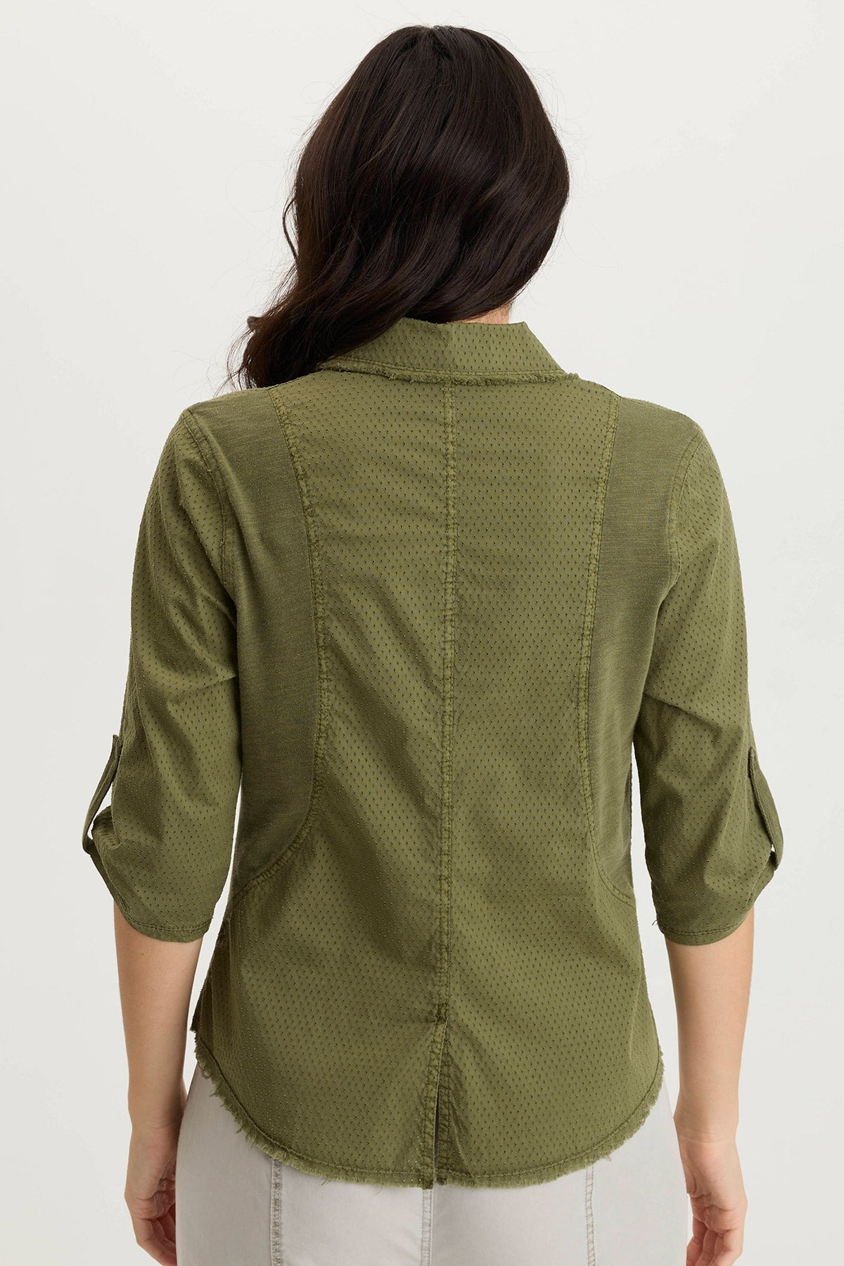 Arvin Perforated Poplin + Jersey Tabbed 3/4-Sleeve Snap-Up Top