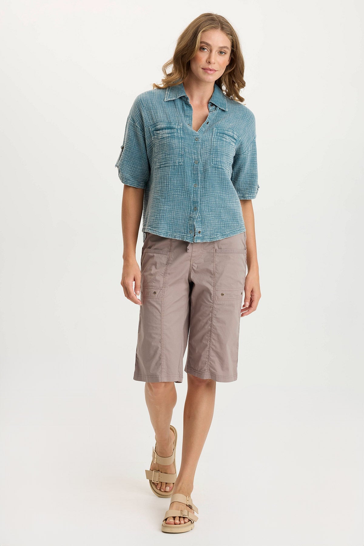 Maurise Gauze/Jersey Tabbed-Sleeve Snap-Up Top