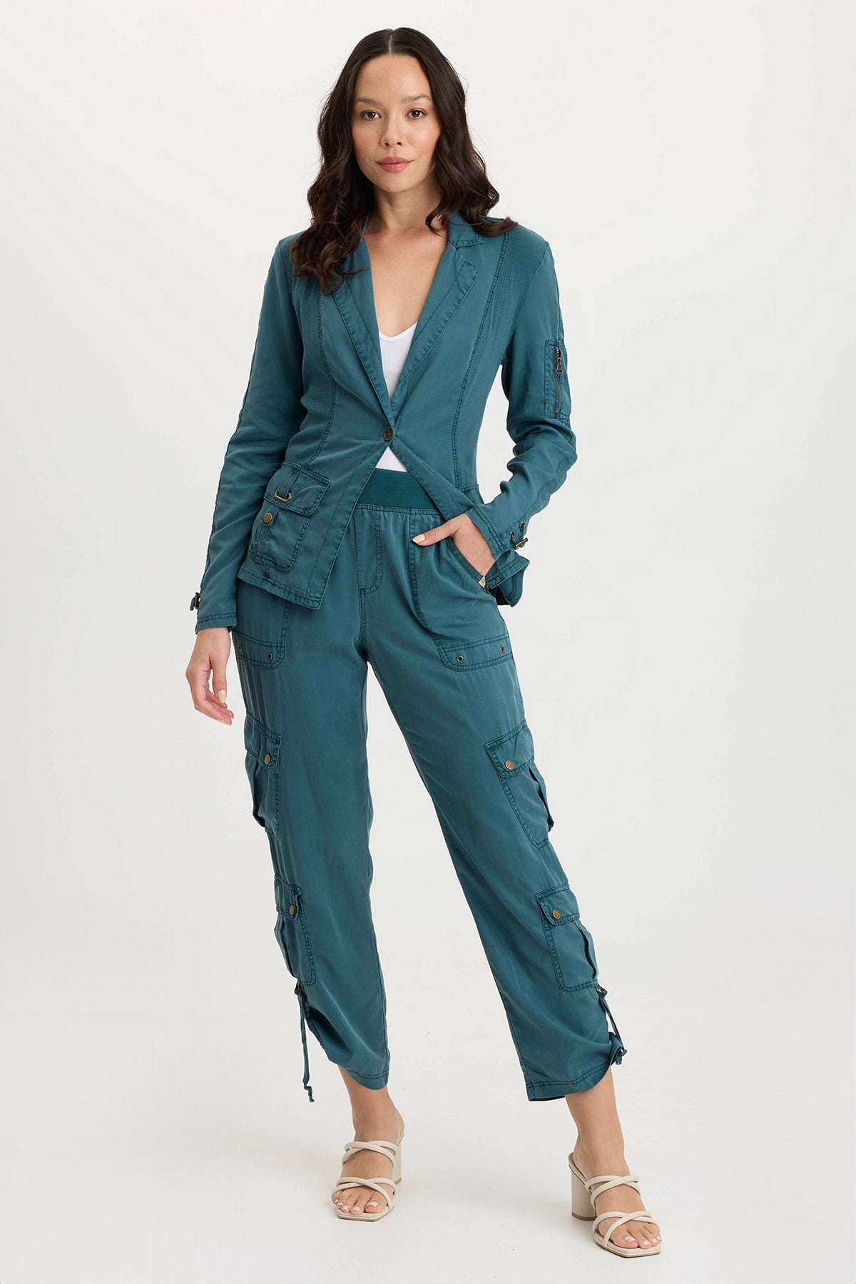 Stratford Twill/Jersey 3/4-Sleeve Blazer Jacket