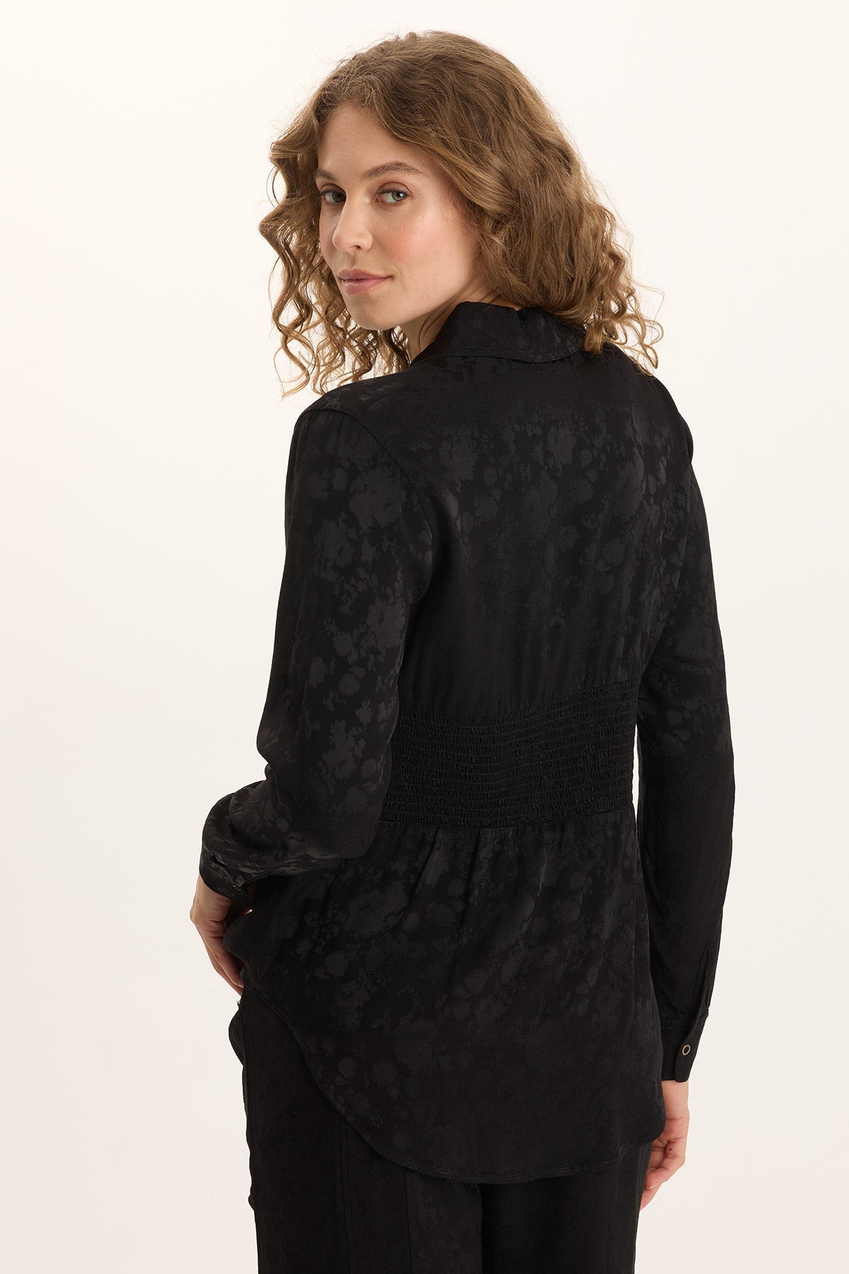 Senneca Textured Satin Shirred Peplum Button-Up Blouse