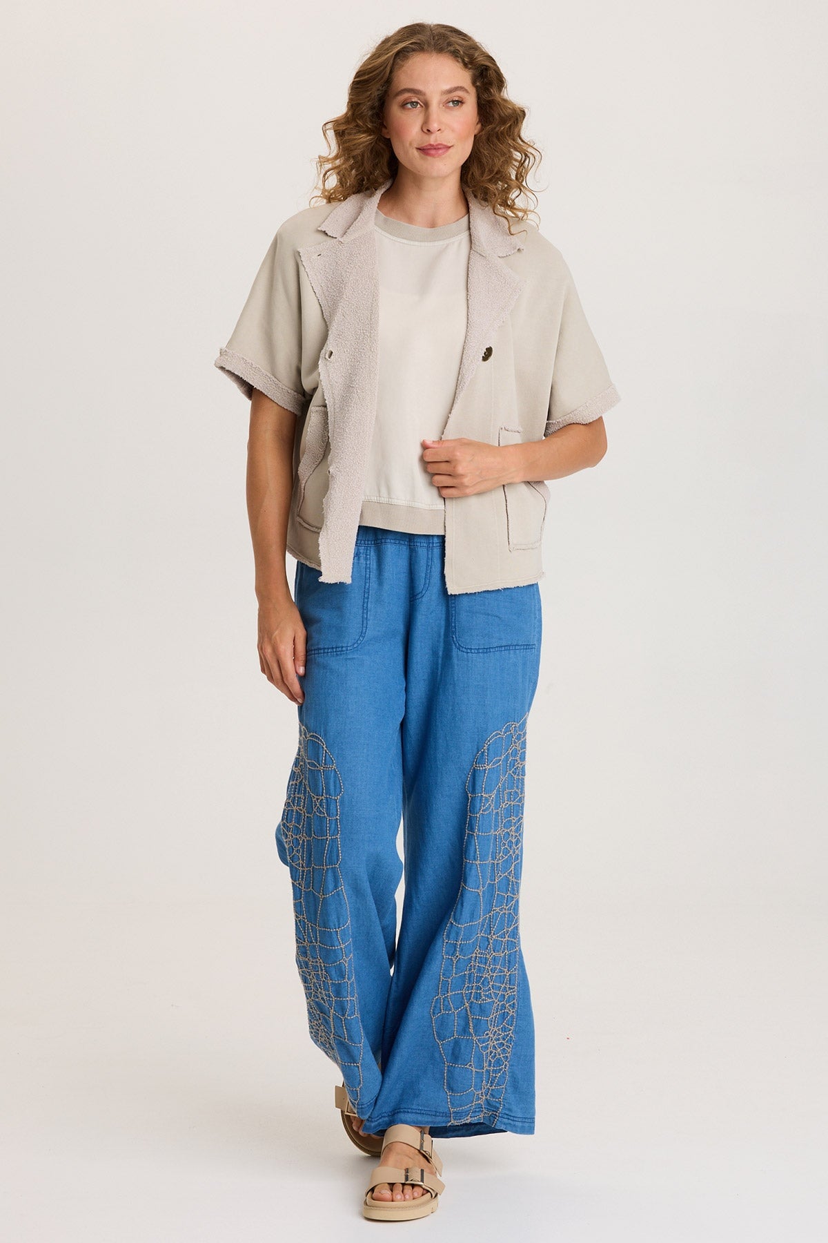 Bonello Embroidered Mock-Denim Wide-Leg Pant