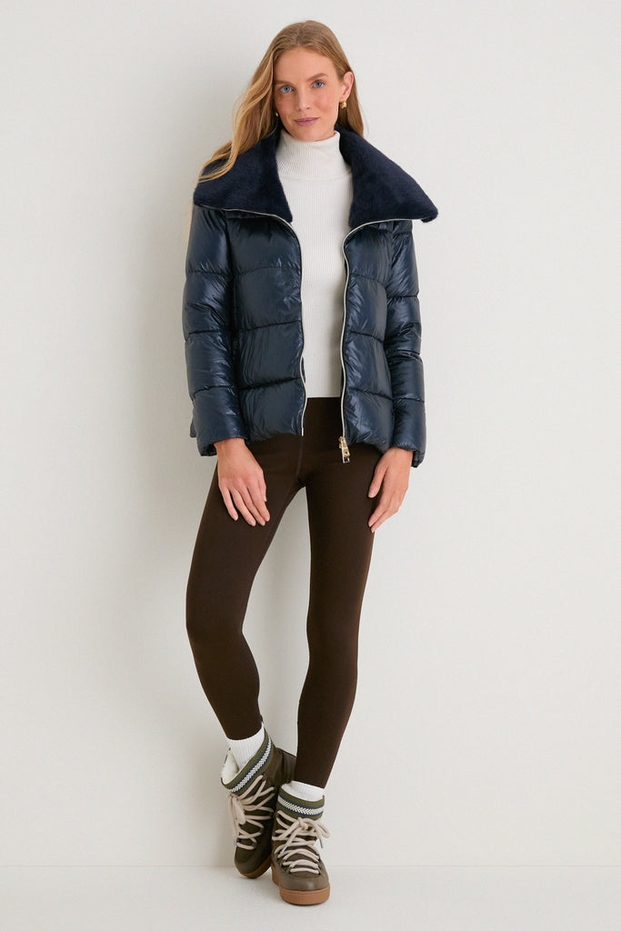 Blue Navy Nylon Ultralight Short Jacket with Faux Fur Collar
