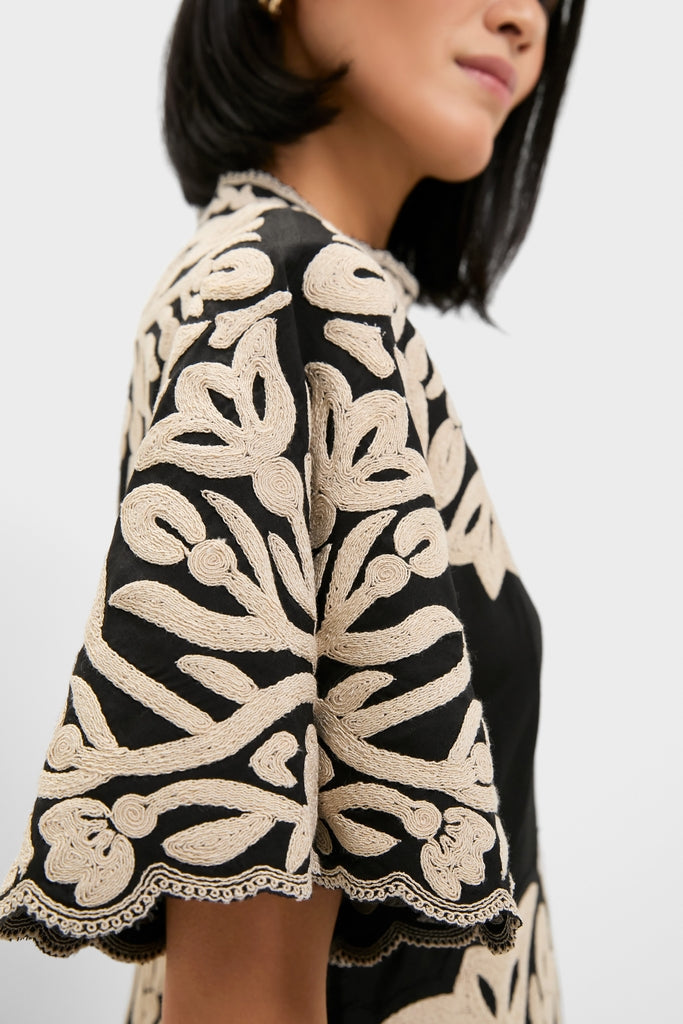Black Alexandra Embroidery Short Sleeve Midi Dress
