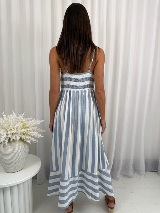 Teyana Blue Stripe Dress | Women's Striped Midi Dress