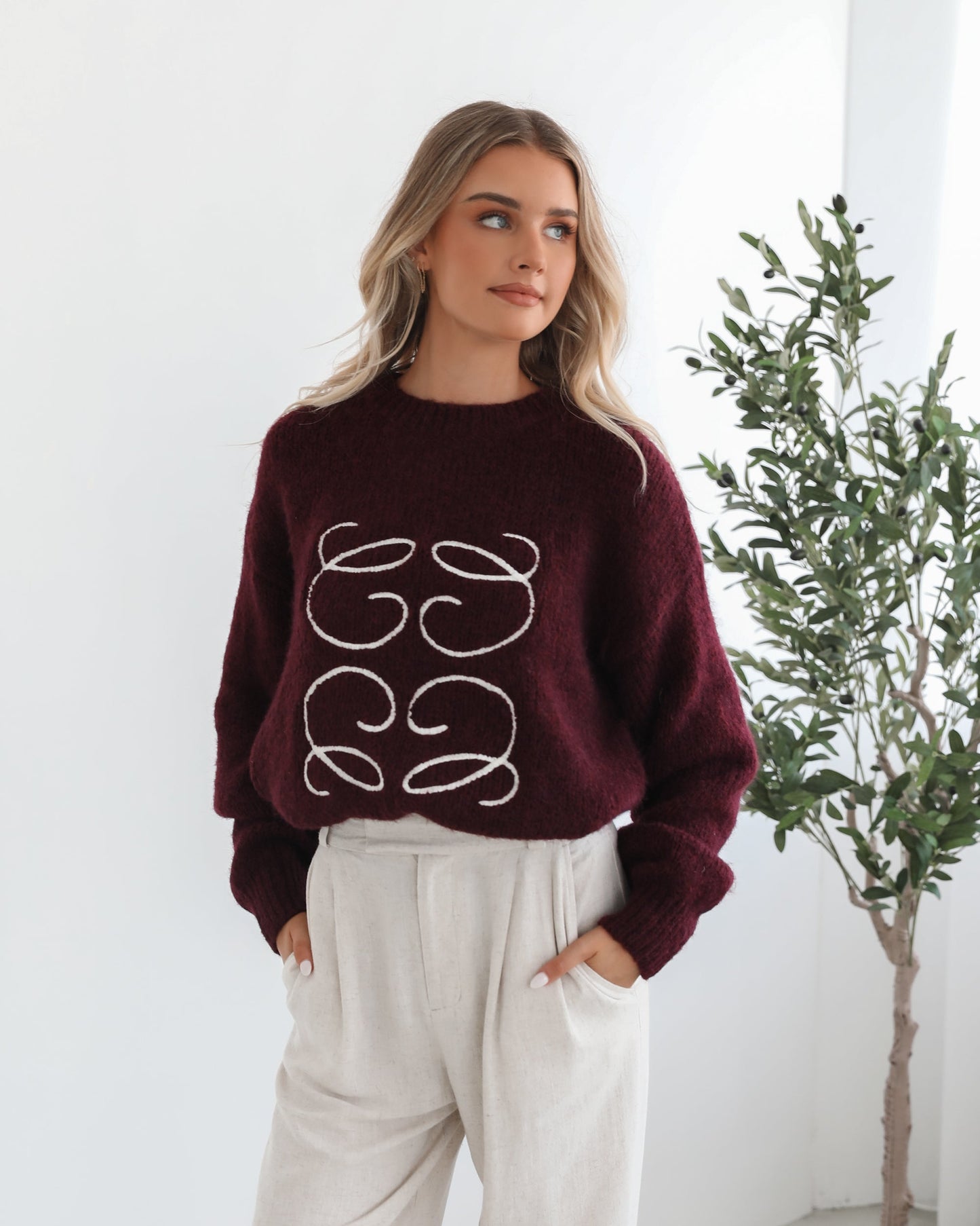 Adelaine Wine Print Knit | Women's Knit Jumper