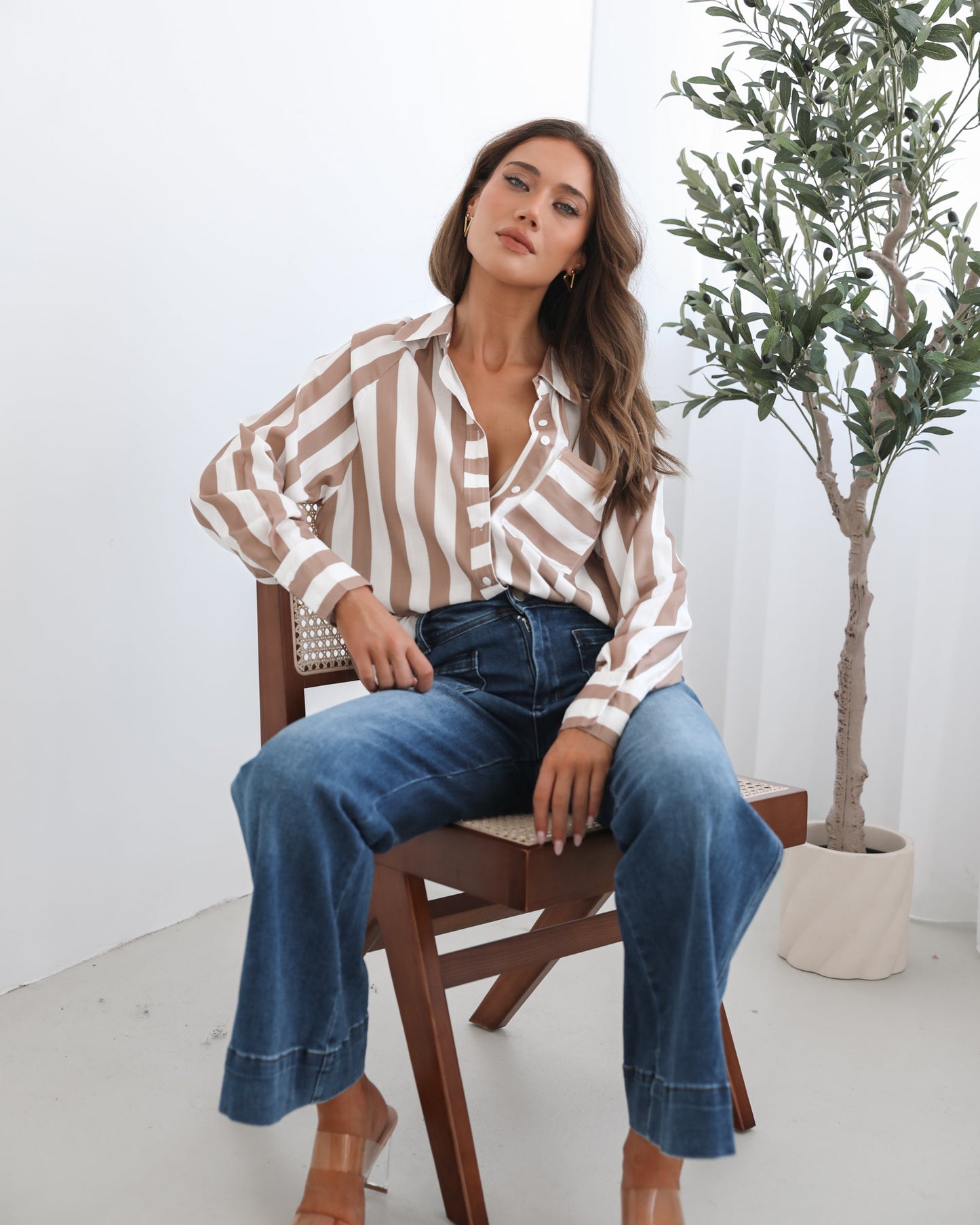 Alayah Shirt - Brown Stripe | Women's Striped Button-Up Shirt