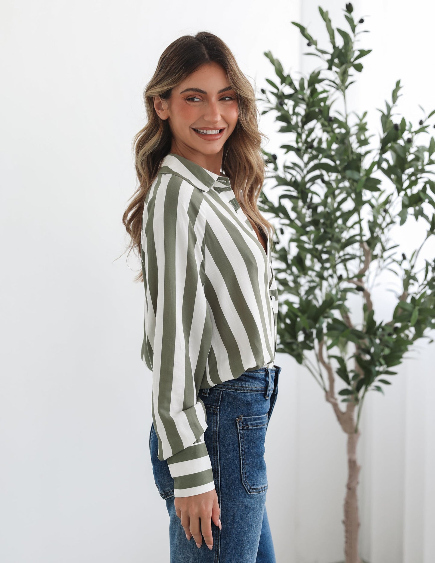 Alayah Shirt - Green Stripe | Women's Striped Button-Up Shirt