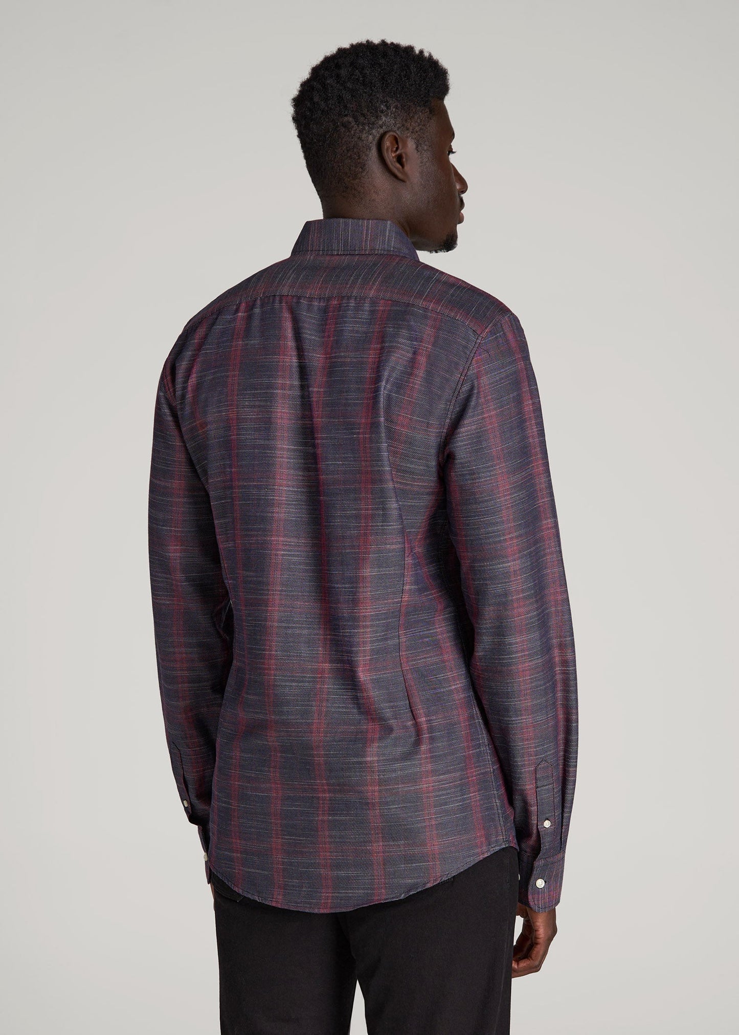 Textured Weave Cotton Button-Up Shirt for Tall Men in Red Plaid