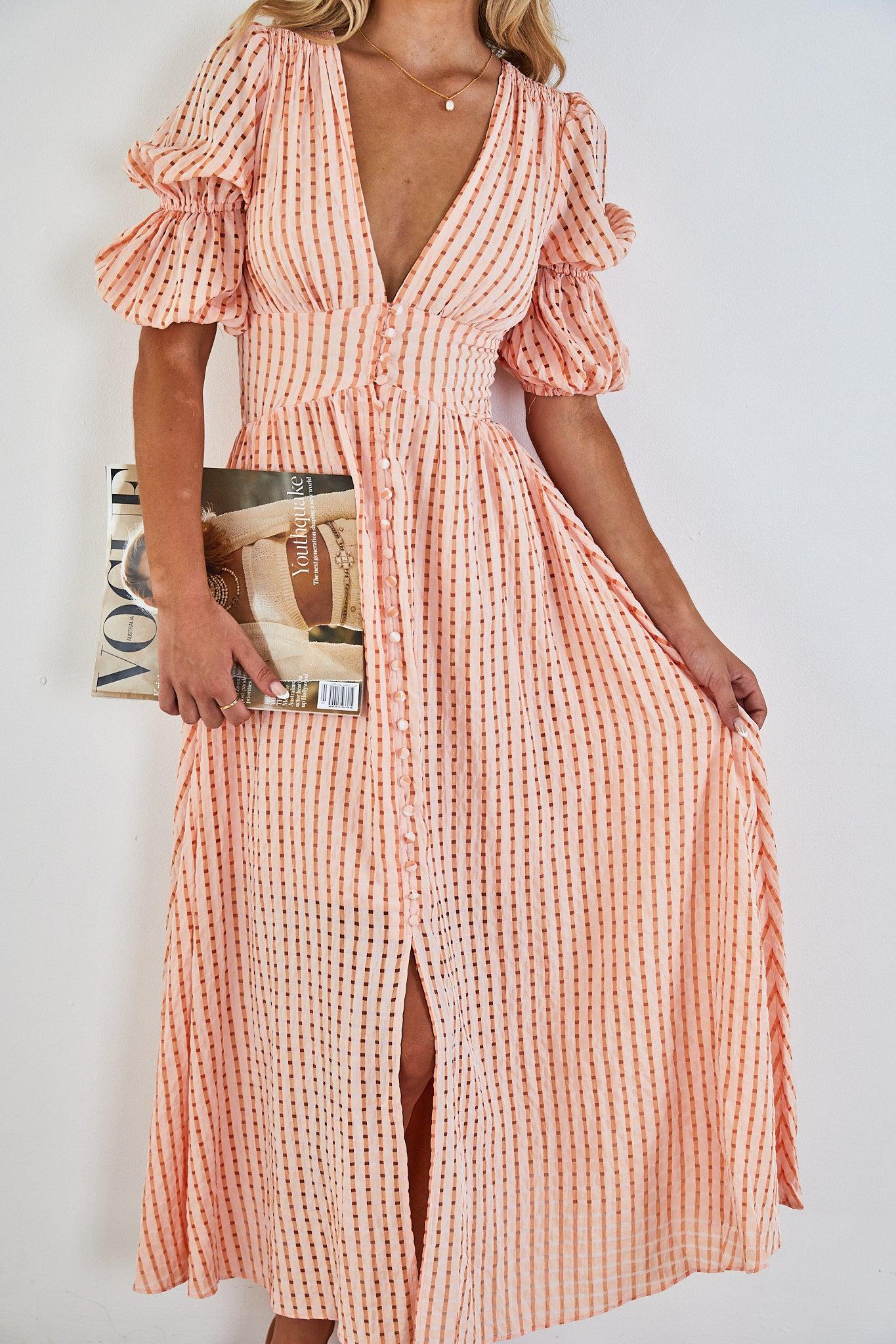 Charis Peach Print Dress | Women's Printed Midi Dress