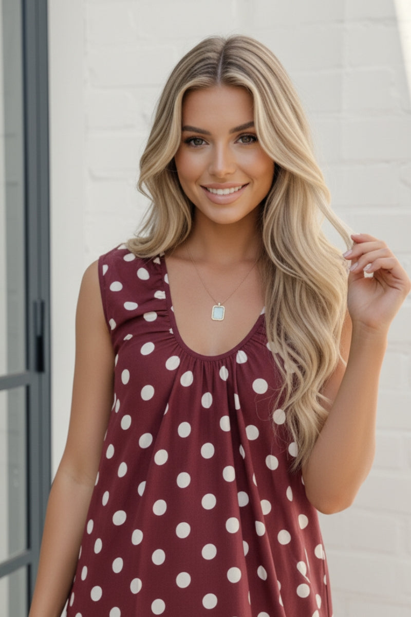 Danika Dress Burgundy Spot | Women's Polka Dot Cotton Mini Dress