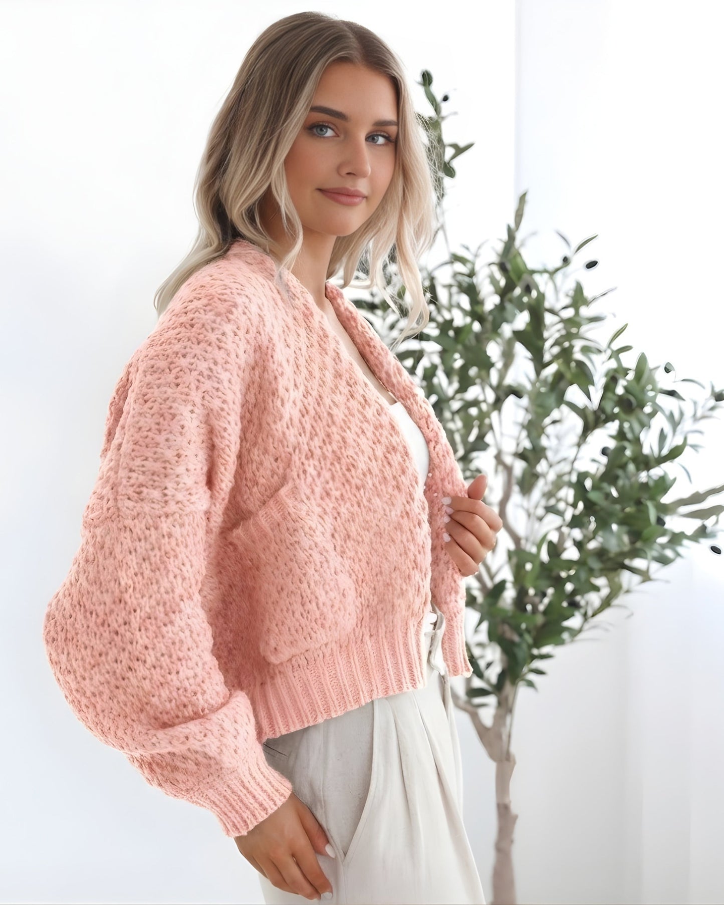 Dorine Cardigan - Soft Pink | Women's Chunky Knit Open Front Cardigan