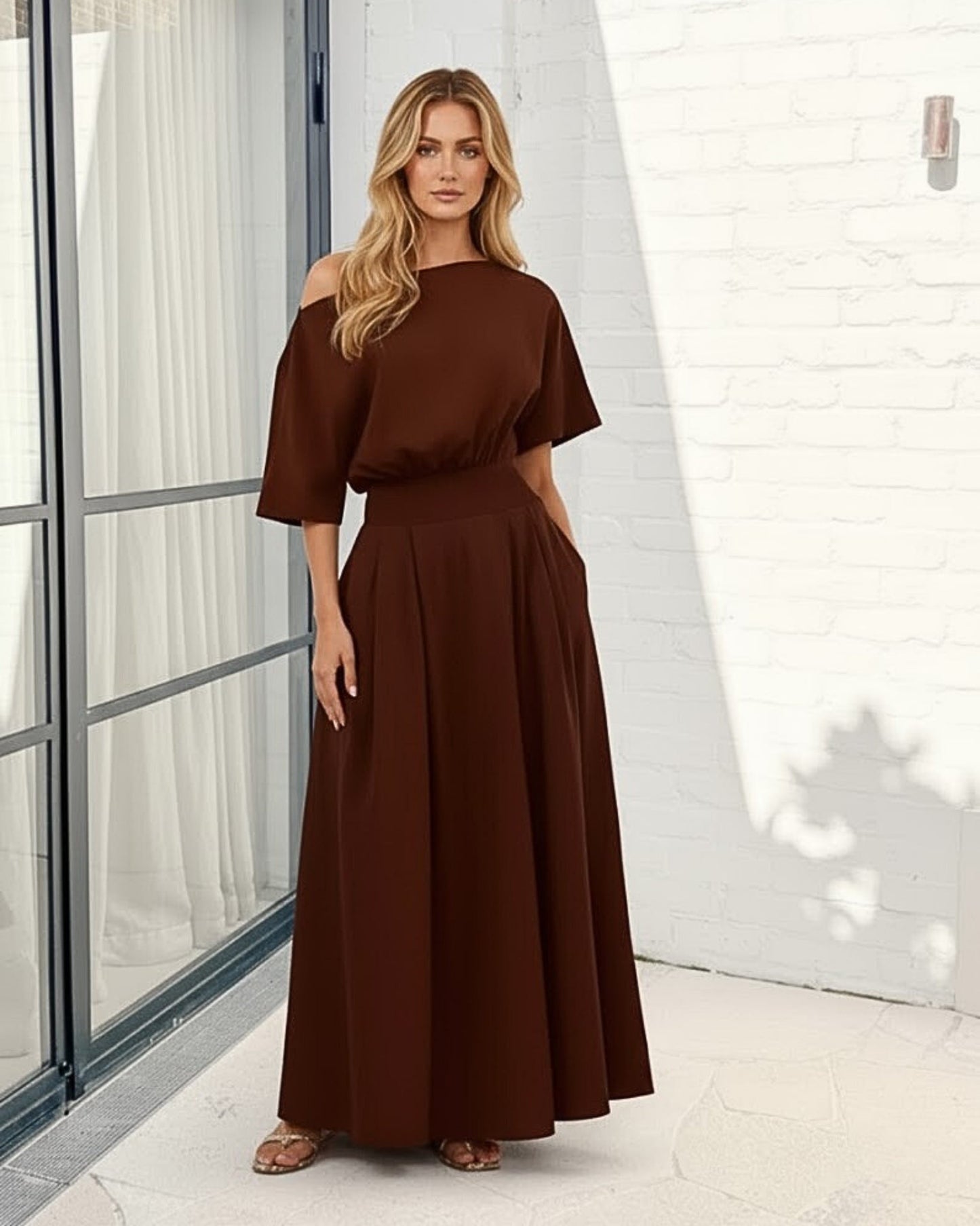 Emmanuelle Dress - Brown | Women's Boat Neck Cotton Maxi Dress