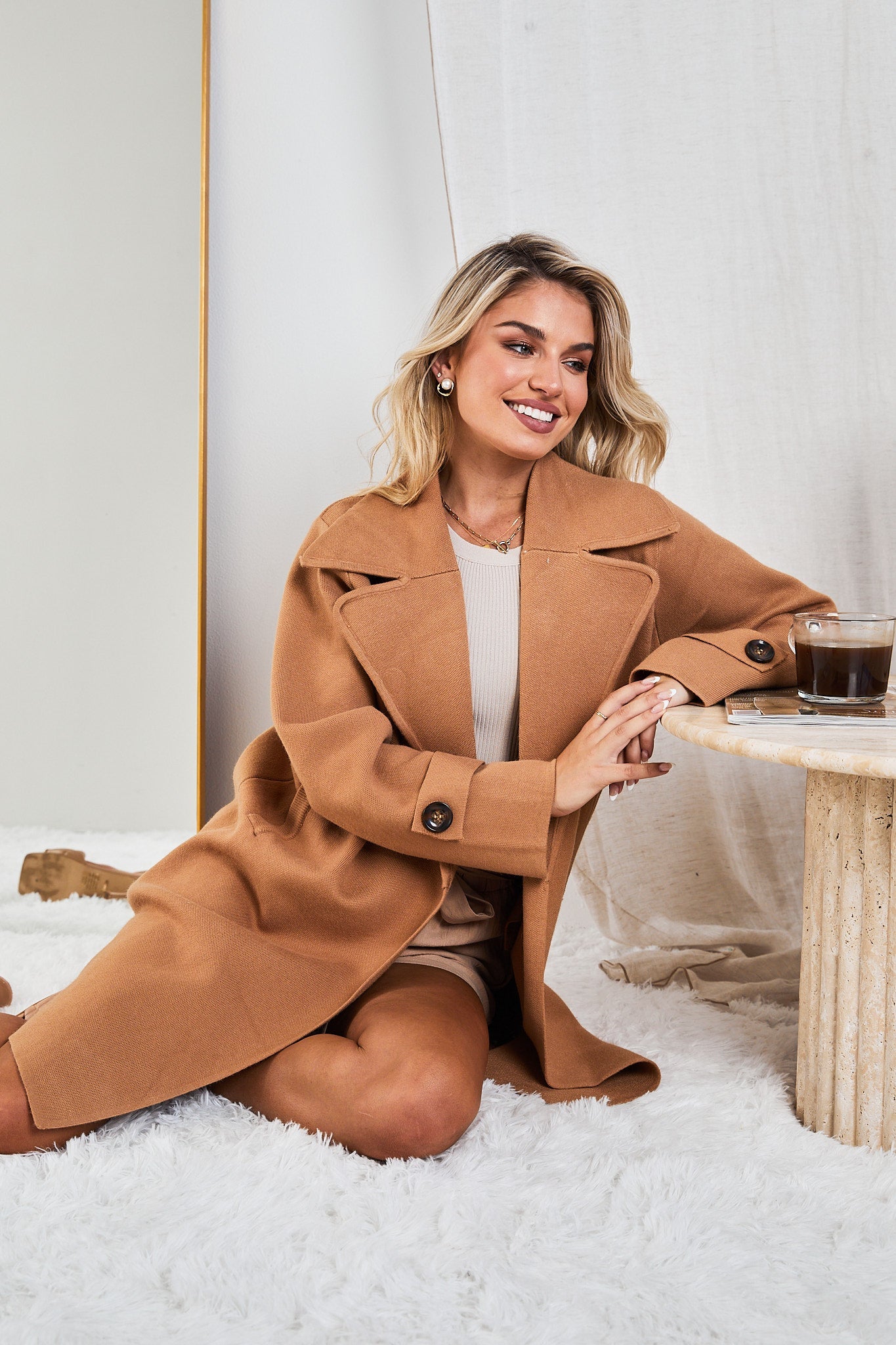 Fireplace Coat - Camel | Women's Knit Trench Coat