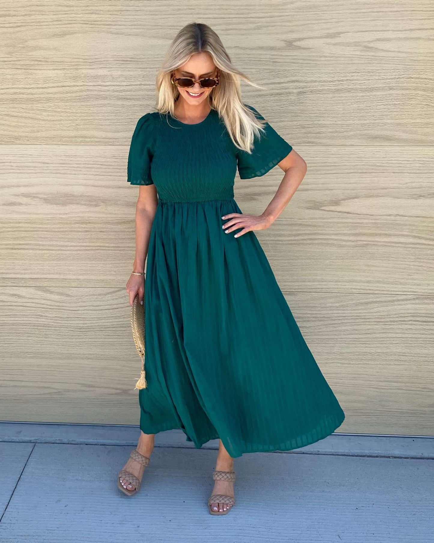 Iolana Dress Deep Green | Women's Cotton Smock Midi Dress