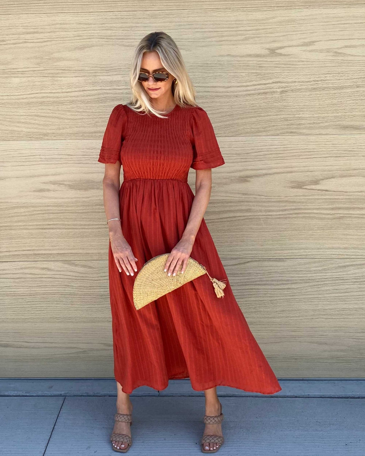 Iolana Dress Rust | Women's Cotton Smock Midi Dress