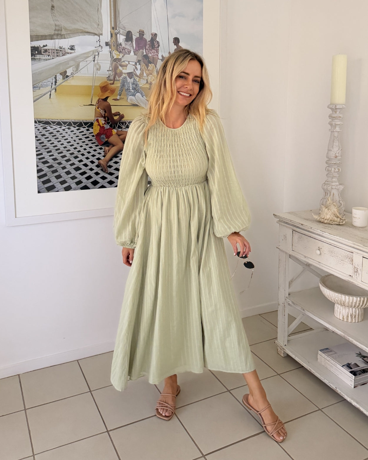 Iolana Dress - Soft Khaki Long Sleeve | Women's Cotton Midi Dress