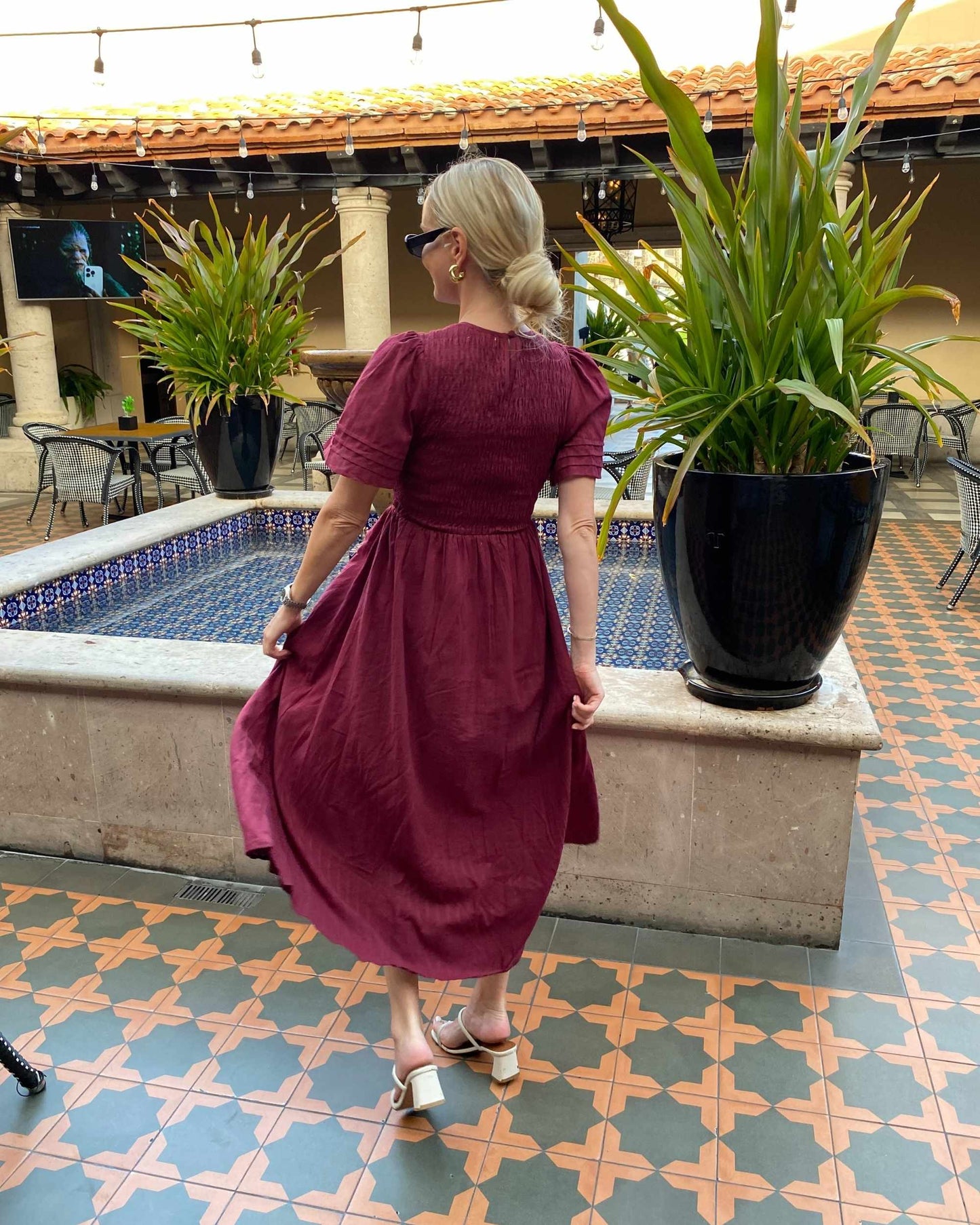 Iolana Dress Wine | Women's Cotton Smock Midi Dress