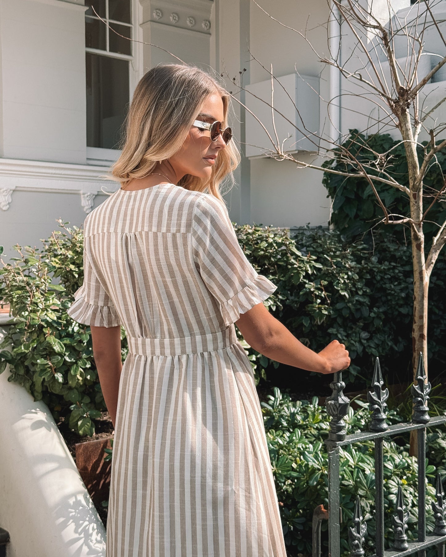 Korbel Dress - Beige Stripe | Women's Linen Stripe Midi Dress