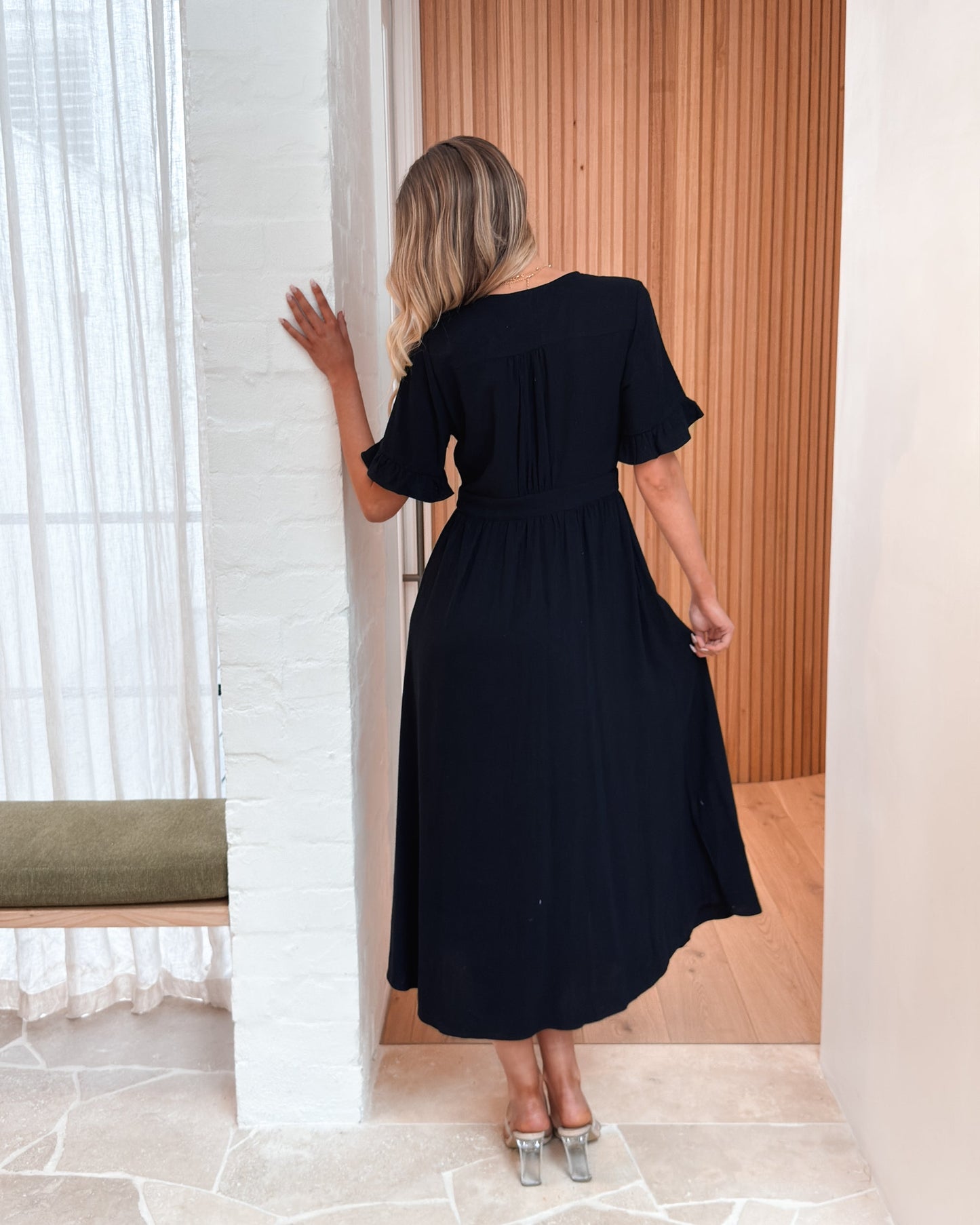Korbela Dress - Black | Women's Linen Midi Dress