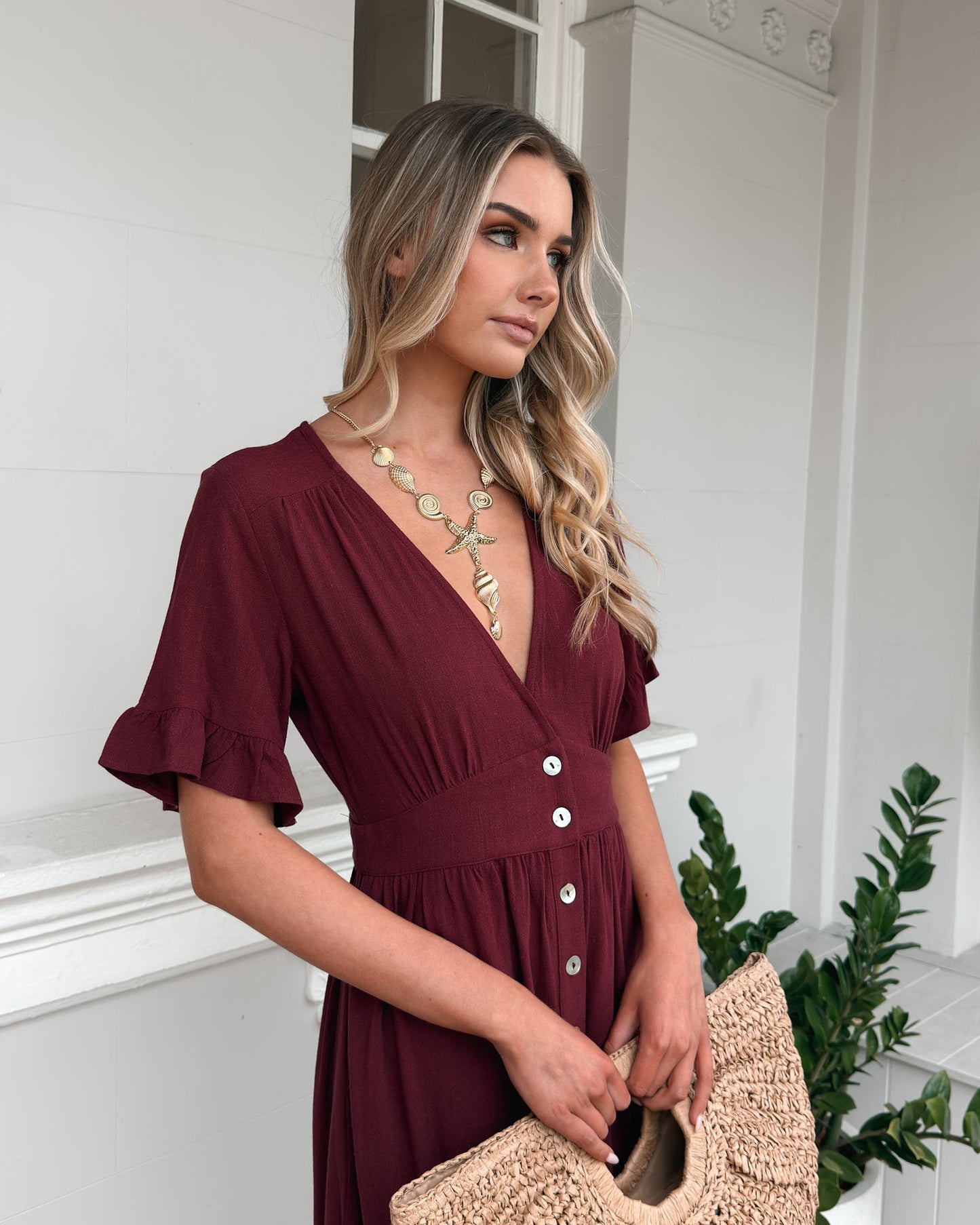 Korbela Dress Bordeaux | Women's Linen Midi Dress
