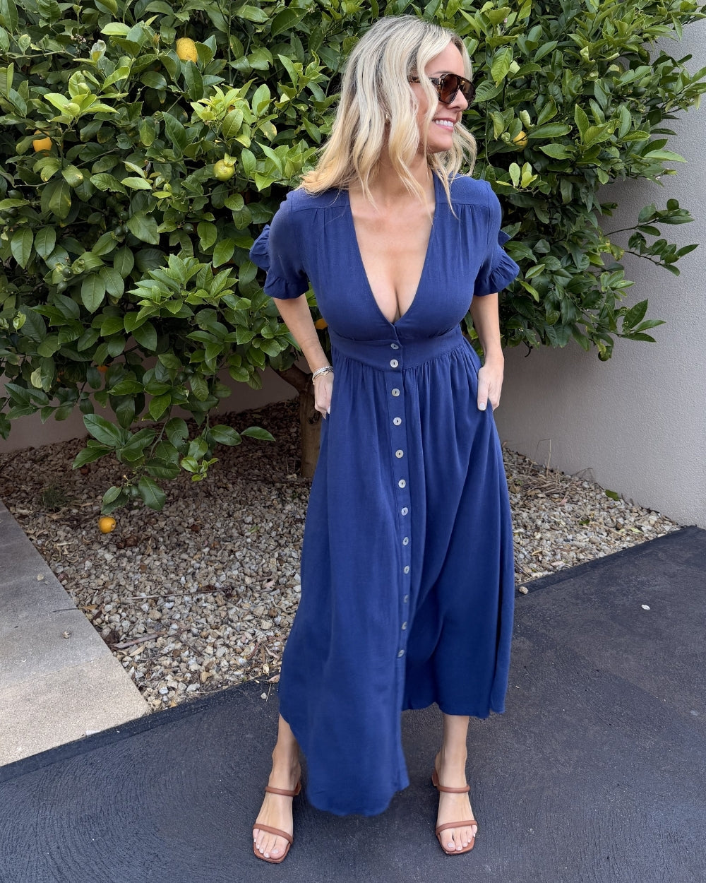 Korbela Dress Navy | Women's Linen Spot Print Midi Dress