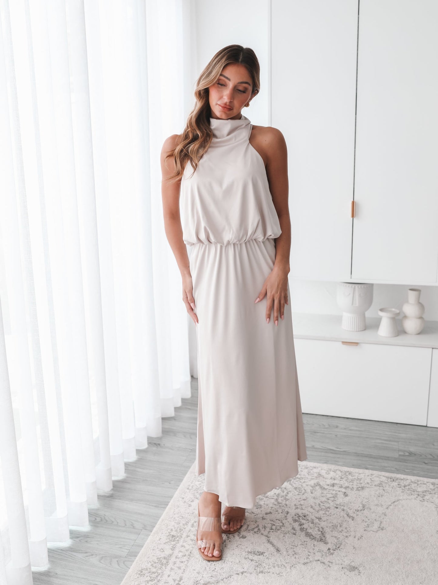 Martine Champagne Dress | Women's Satin Halter Midi Dress
