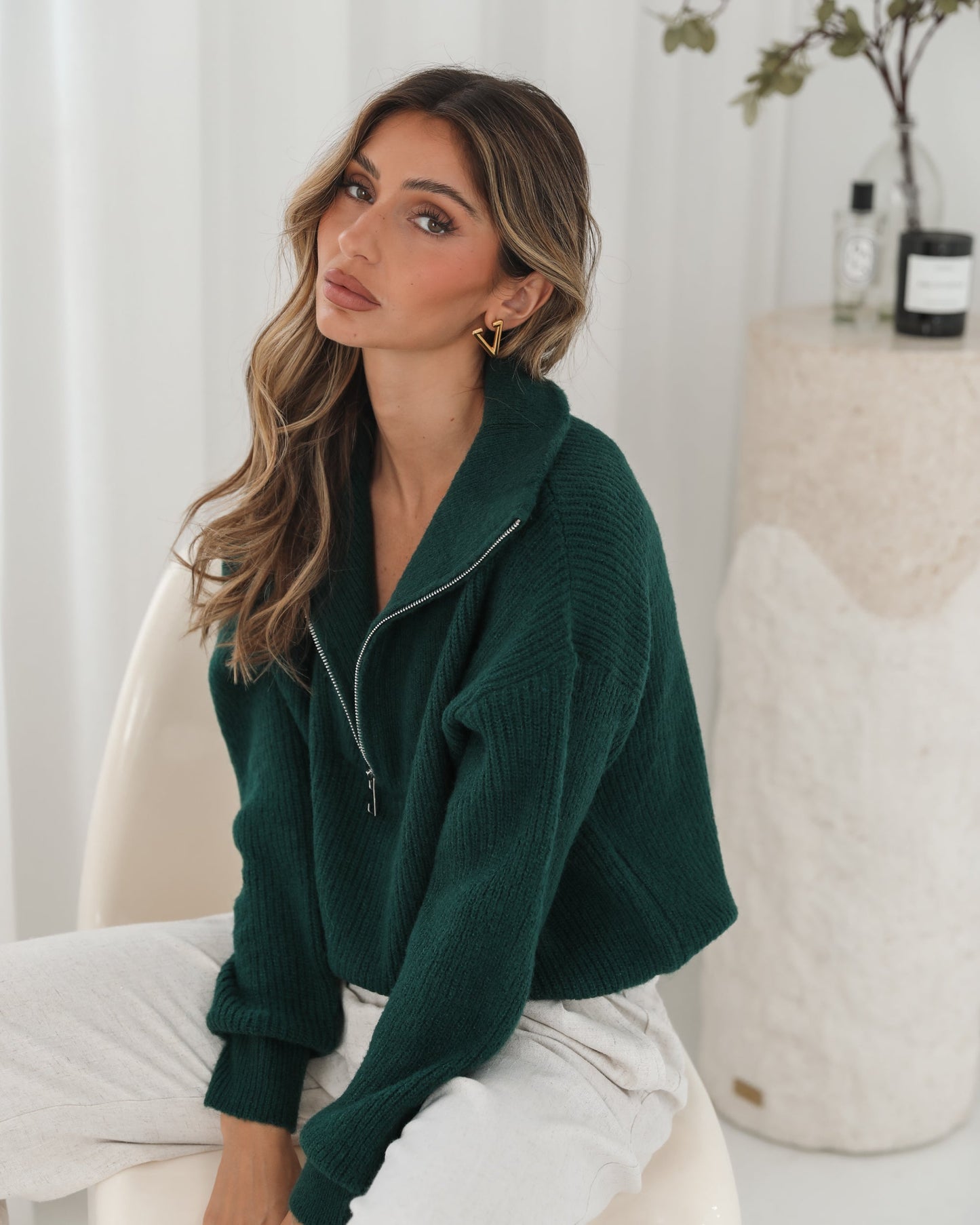 Merete Knit - Dark Green | Women's High Collar Knit Jumper