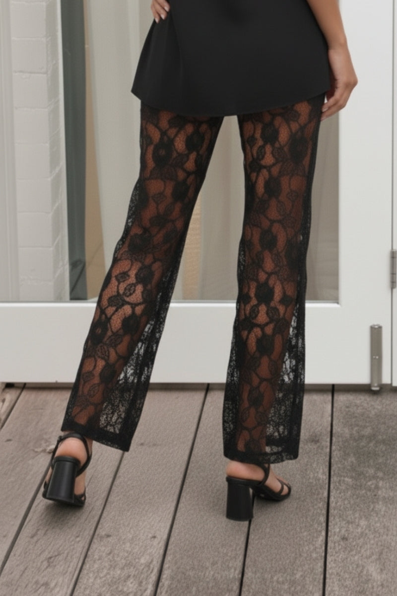 Myrrhane Black Lace Pants | Women's Lace Wide Leg Pants
