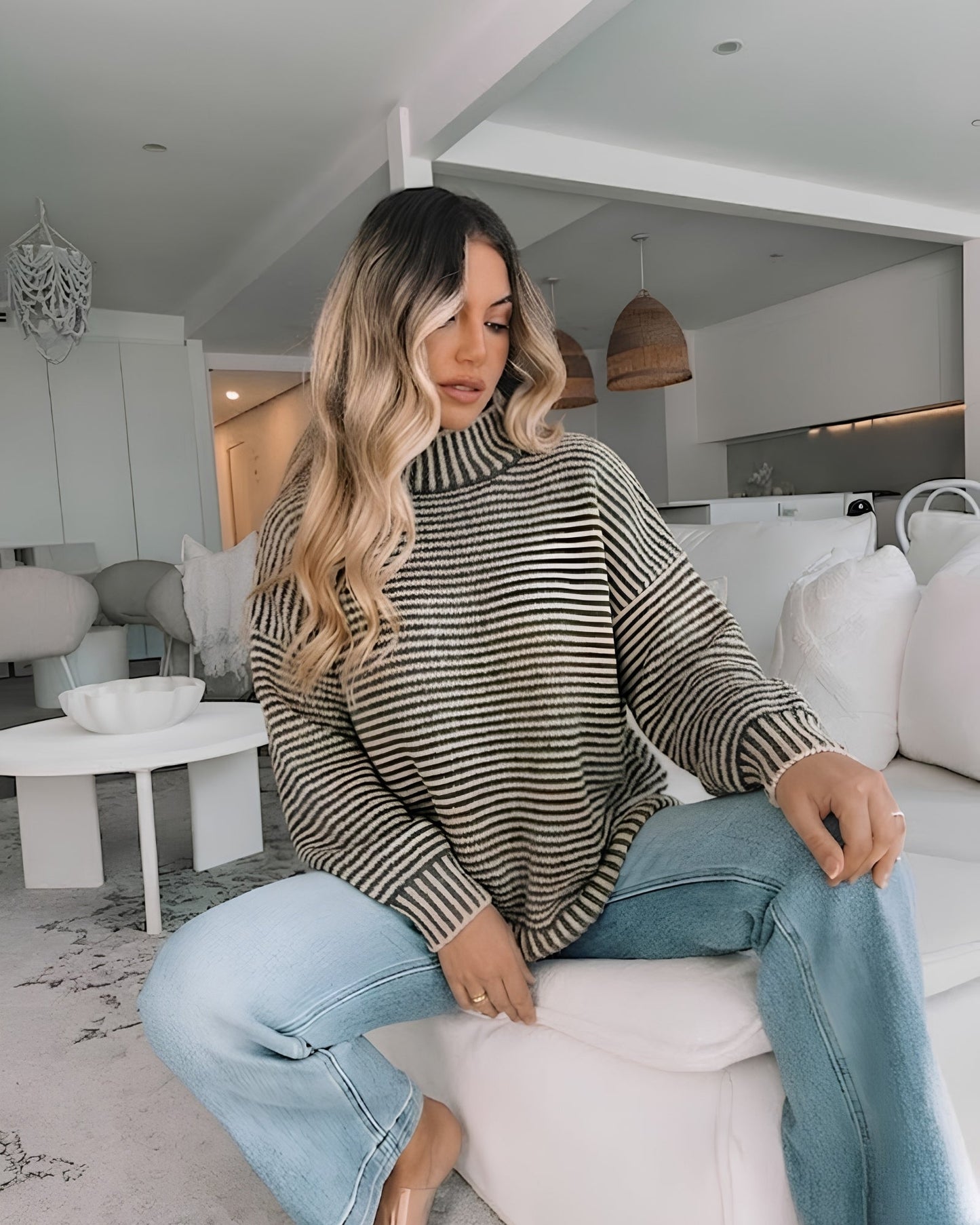 Naizelle Knit Latte Stripe | Women's High Neck Knit Jumper