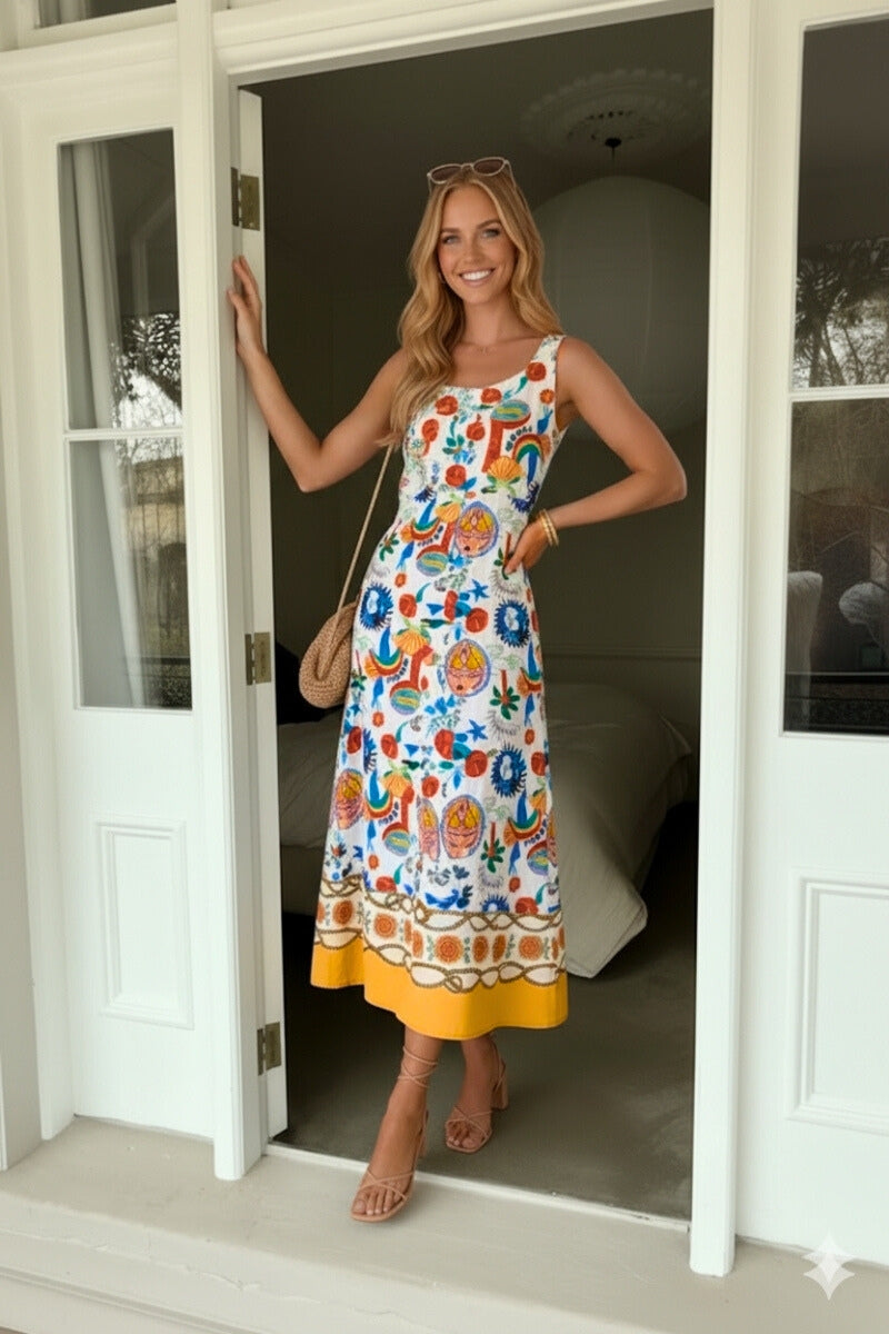Orielle Dress White Print | Women's Printed Linen Blend A-Line Midi Dress