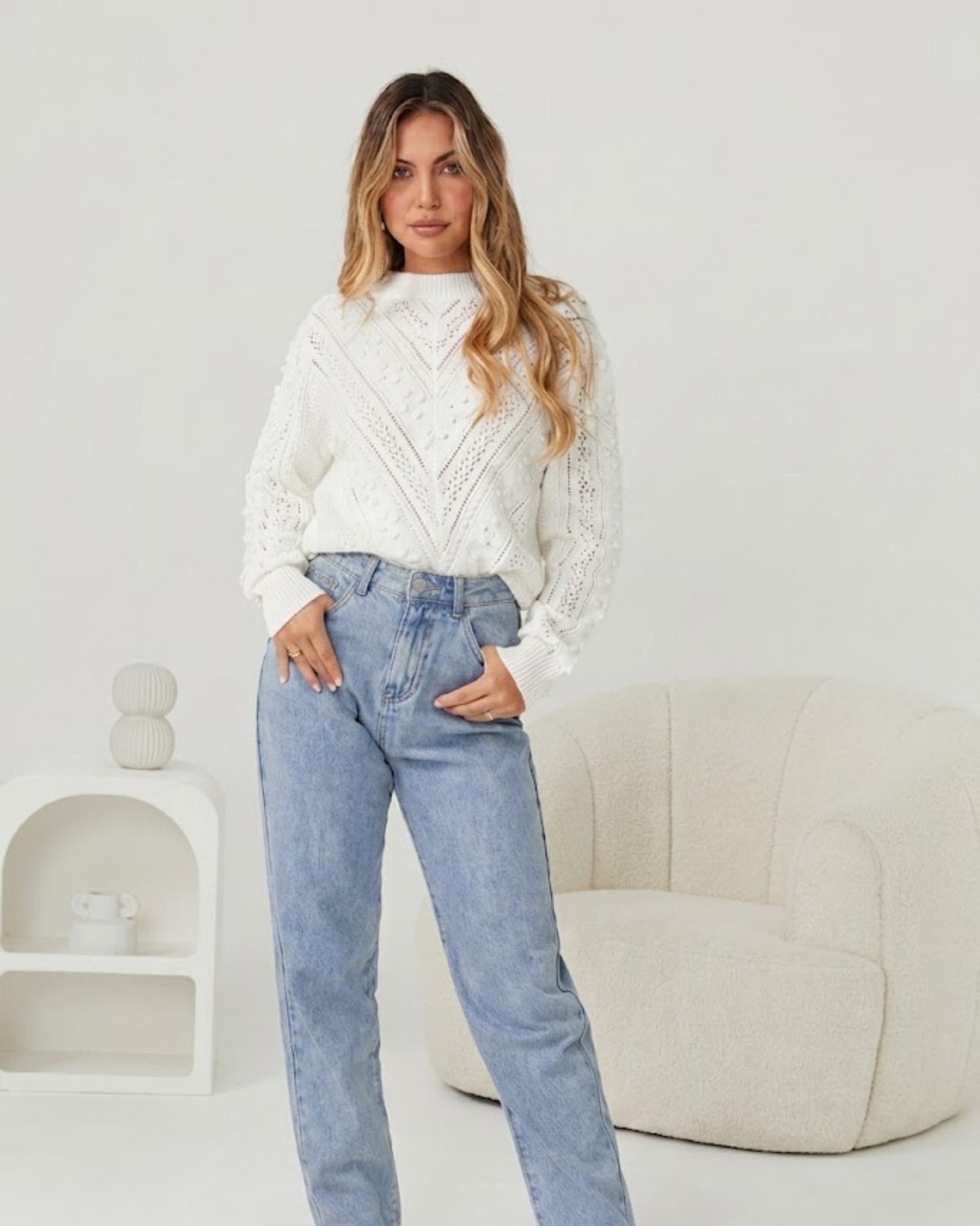 Rheane Knit - White | Women's Patterned Knit Jumper