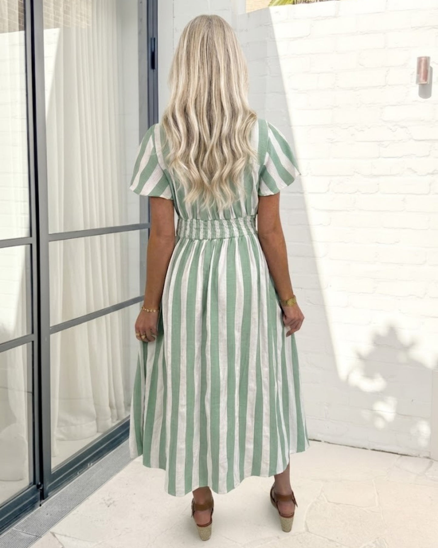 Rhona Green Stripe Dress | Women's Striped Midi Dress