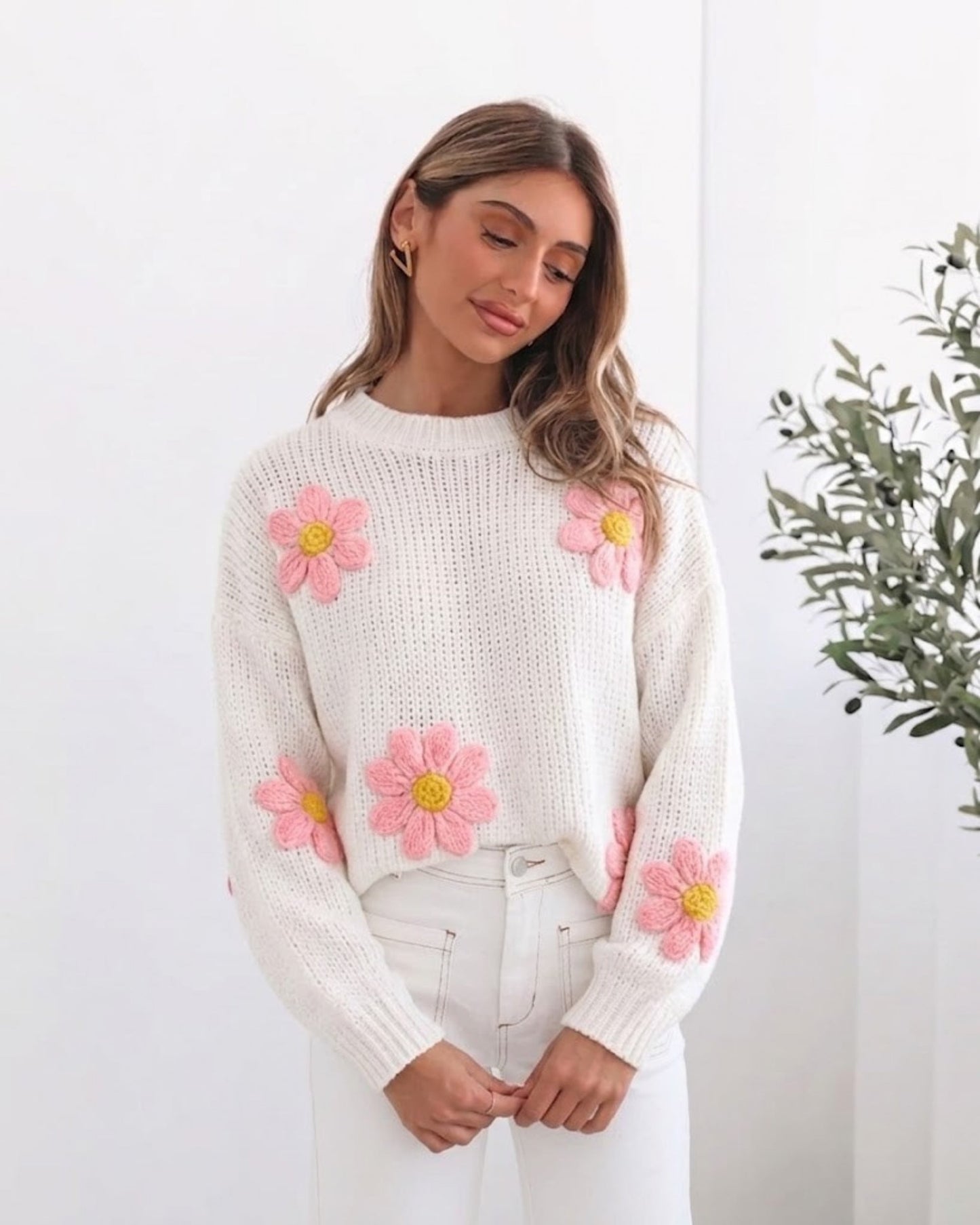 Ryland Knit - White Floral | Women's Floral Applique Knit Jumper
