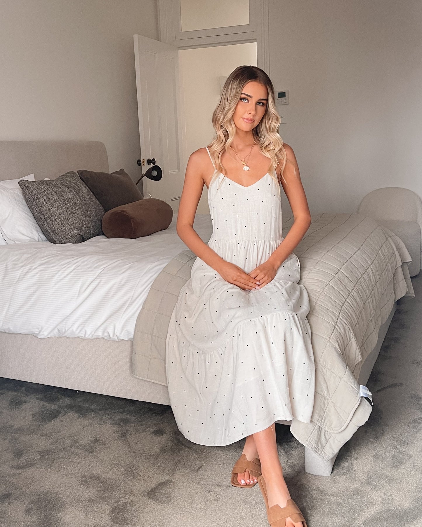 Sona Dress Oatmeal Spot | Women's Linen Midi Dress
