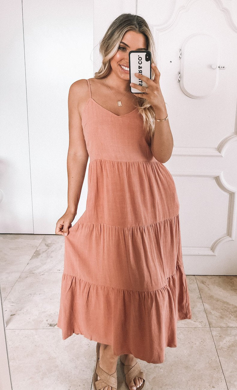 Sonya Rust Dress | Women's Tiered V Neck Midi Dress