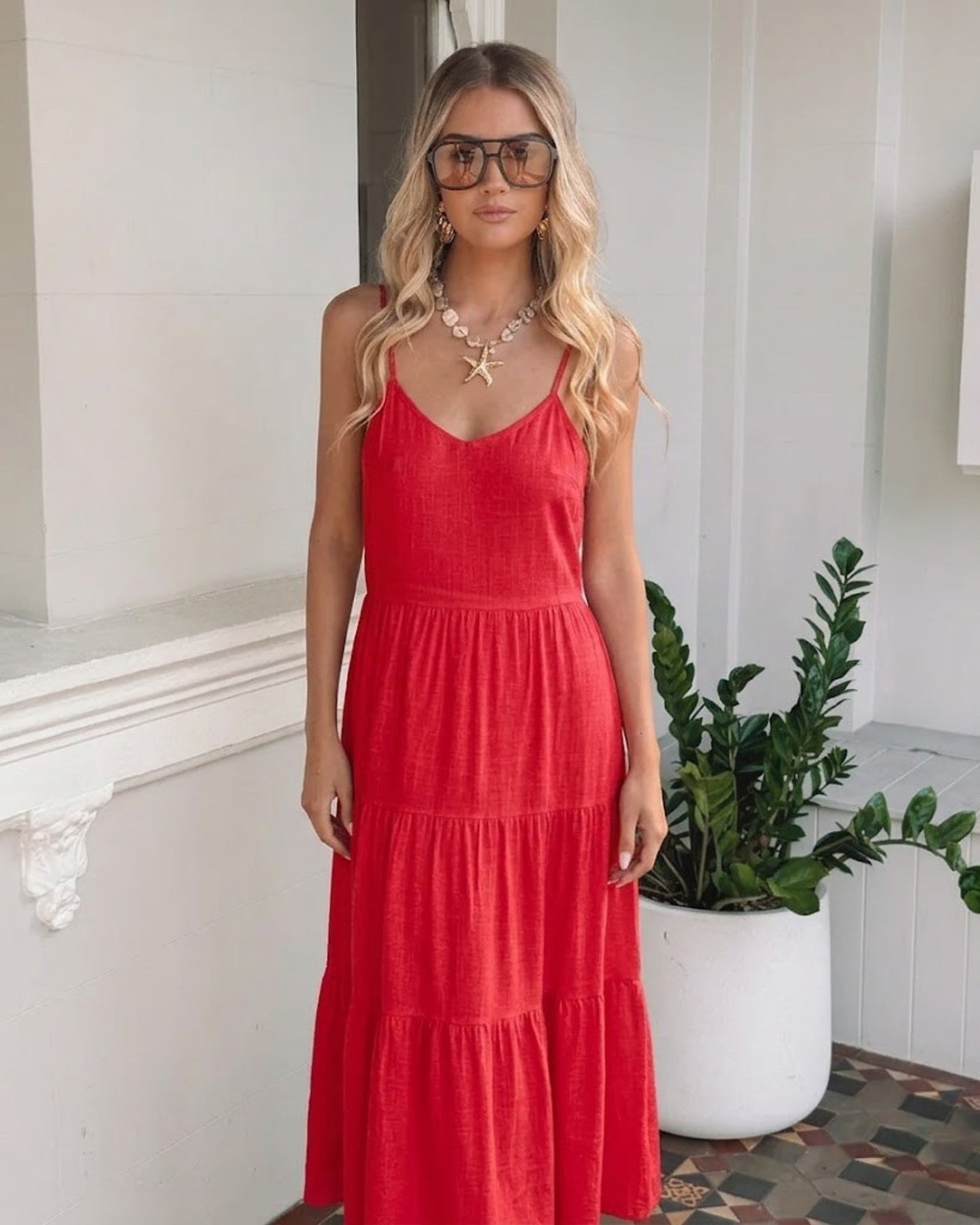 Sonya Cherry Dress | Women's Tiered Linen Midi Dress