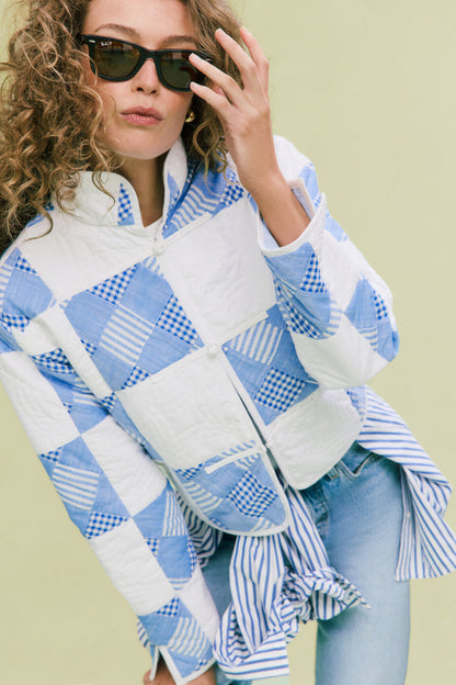 Blue and White Quilted Cropped Townley Jacket