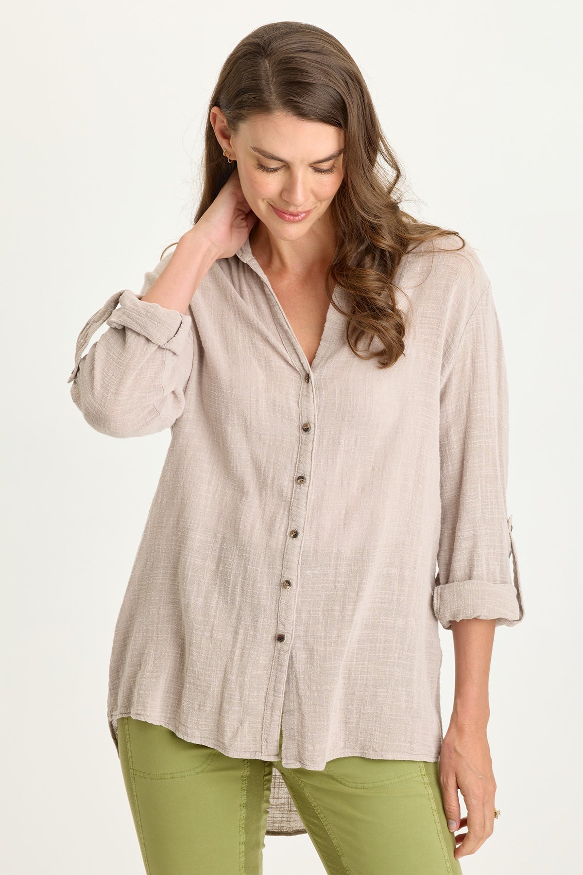 Porter Gauze Curved Hem Button-Up Top