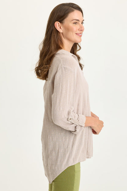 Porter Gauze Curved Hem Button-Up Top