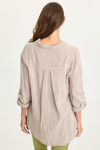 Porter Gauze Curved Hem Button-Up Top