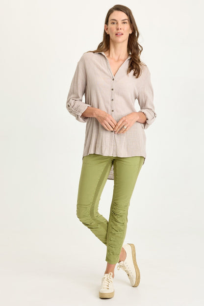 Porter Gauze Curved Hem Button-Up Top