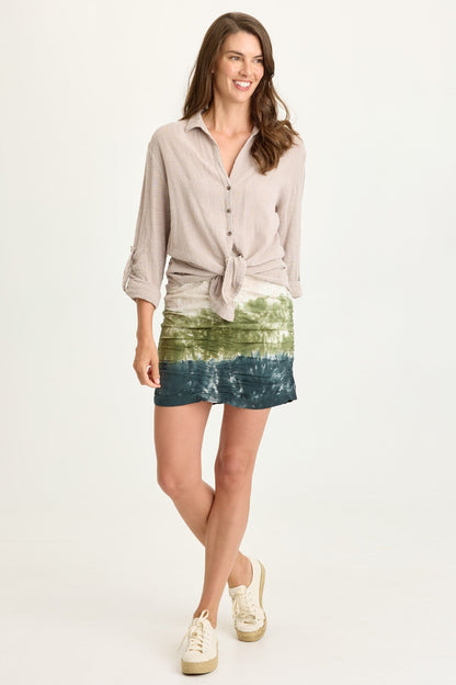 Porter Gauze Curved Hem Button-Up Top