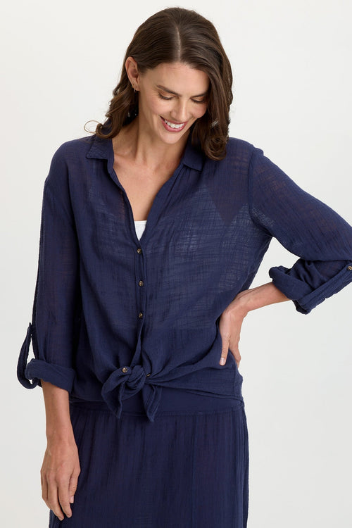 Porter Gauze Curved Hem Button-Up Top