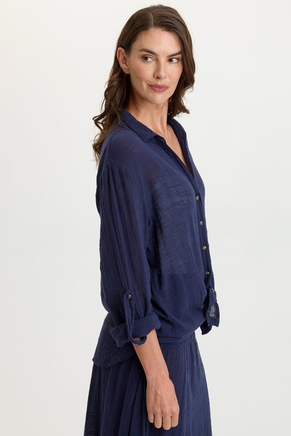 Porter Gauze Curved Hem Button-Up Top