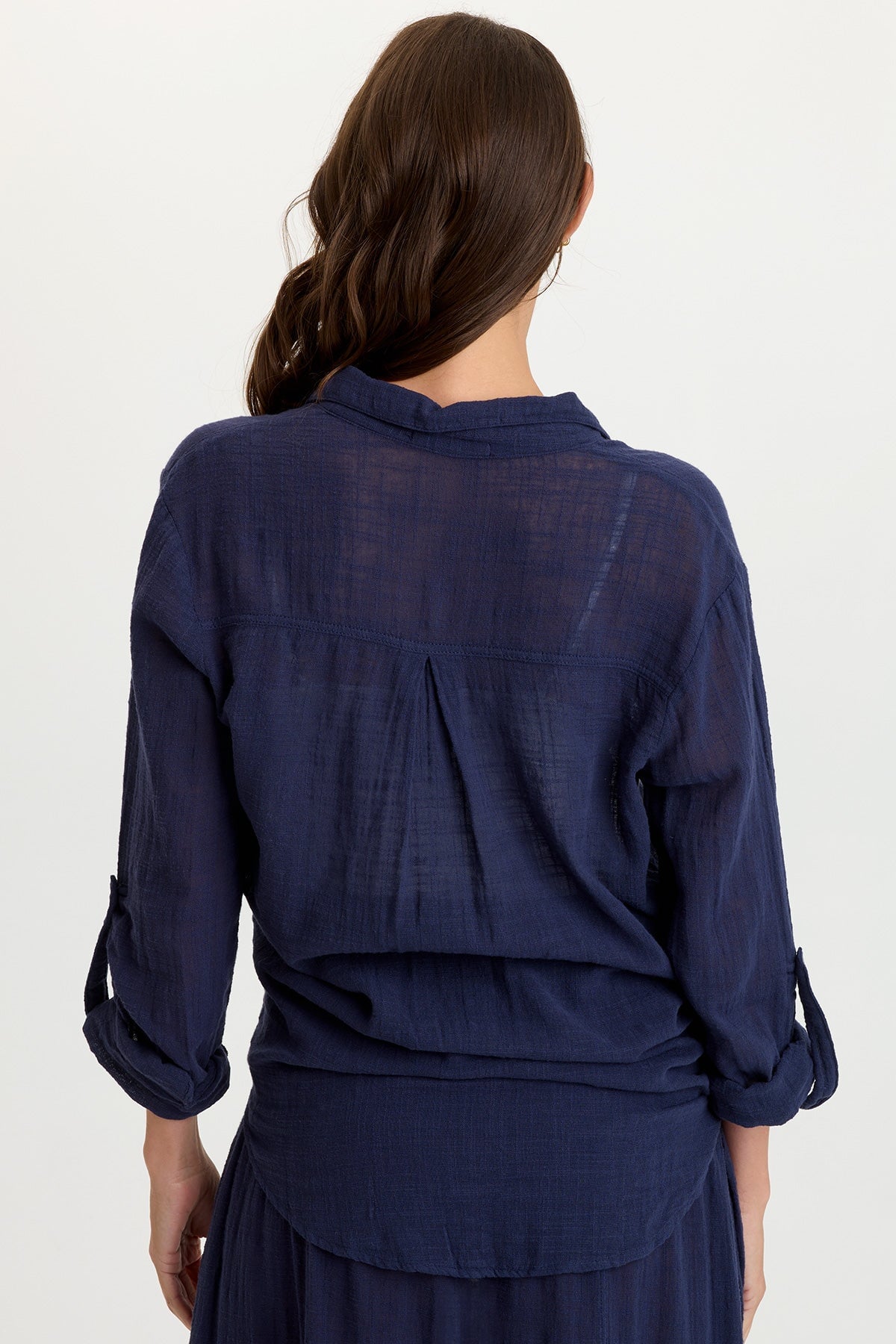 Porter Gauze Curved Hem Button-Up Top