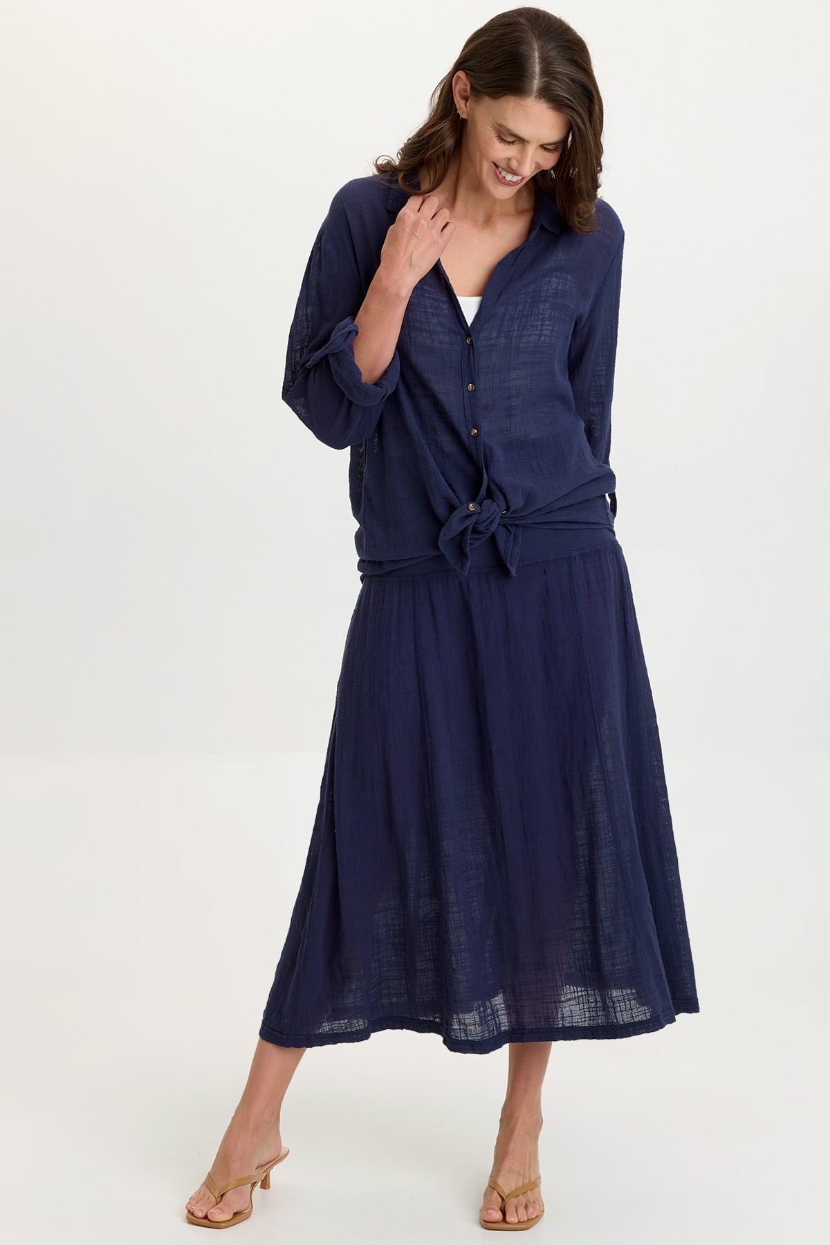 Porter Gauze Curved Hem Button-Up Top