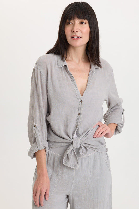 Porter Gauze Curved Hem Button-Up Top