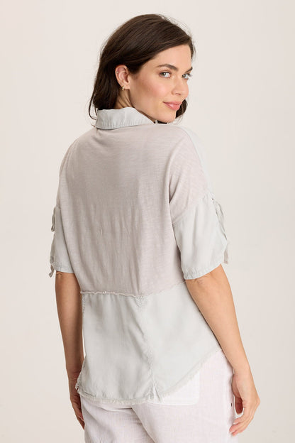 Vinton Twill Jersey Button-Up Collared Top
