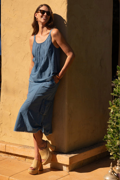 Norelle Flowy Pintuck Mock-Denim Twill Tank