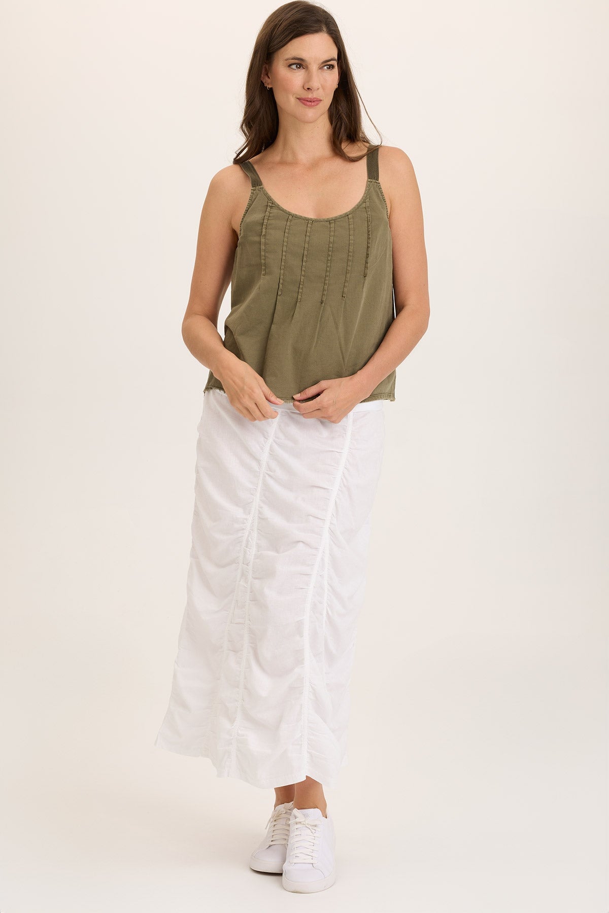 Linen Shirred Asymmetric Midi Skirt